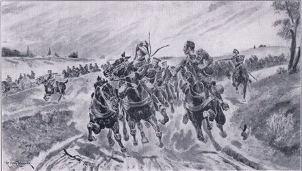 Artillería británica posicionándose en la Batalla de Mons, de La Gran Guerra The Amalgamated Press Limited, 1914